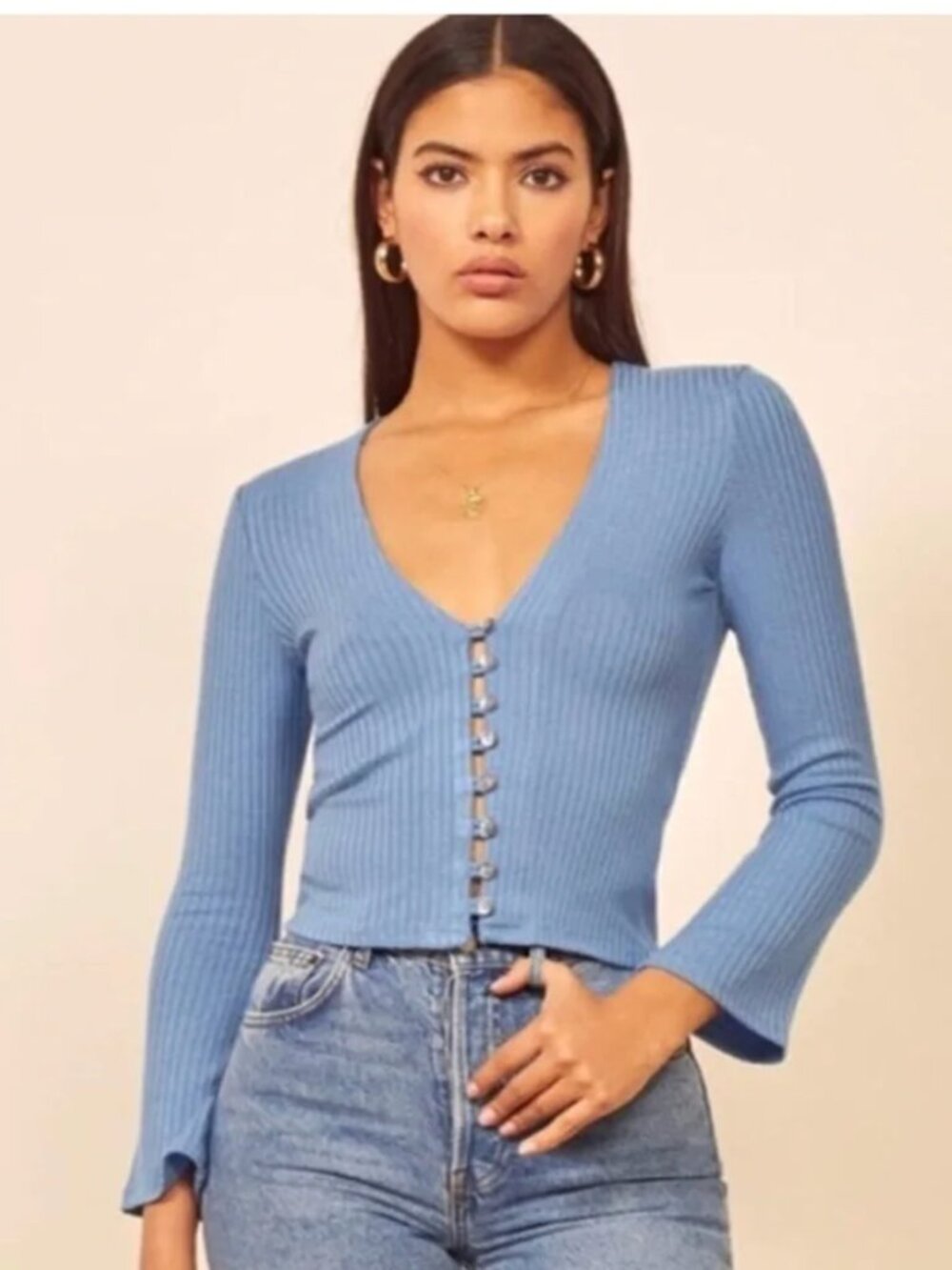Reformation Gellar Crop Top Cardigan Ribbed Parisian Blue Small